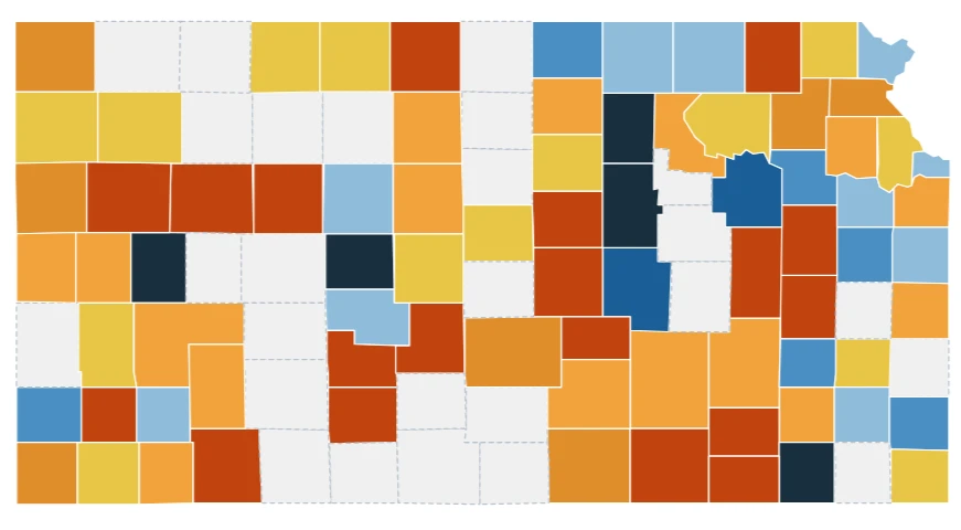 County map showing scores for one topic, with lower-scoring counties in orange and red